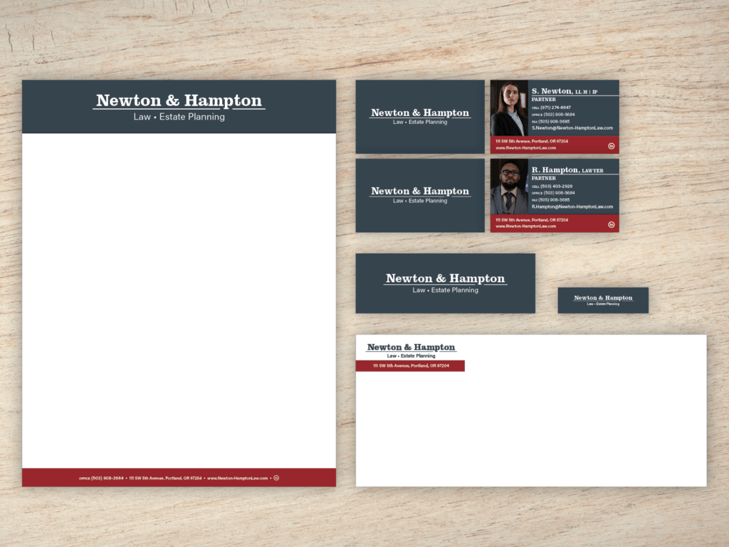 An example of Brand Identity Package on a wood panel background; which includes business card design, letterhead and email header, and an envelope.