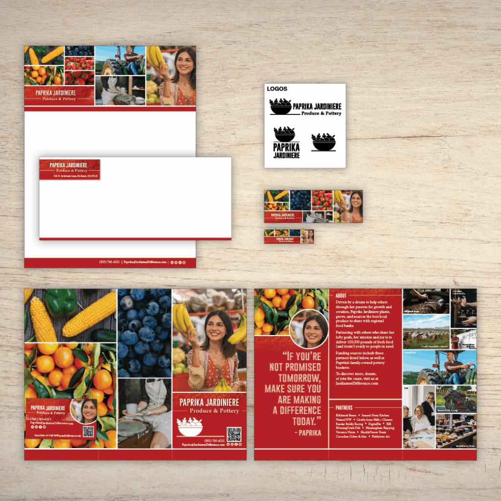 An example of Branding Professional Package on a wood panel background; which includes three logo designs, business card design, letterhead and email header, an envelope, and brochure.