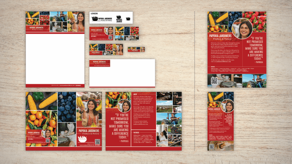 An example of Branding Professional Package on a wood panel background; which includes three logo designs, business card design, letterhead and email header, an envelope, and brochure.