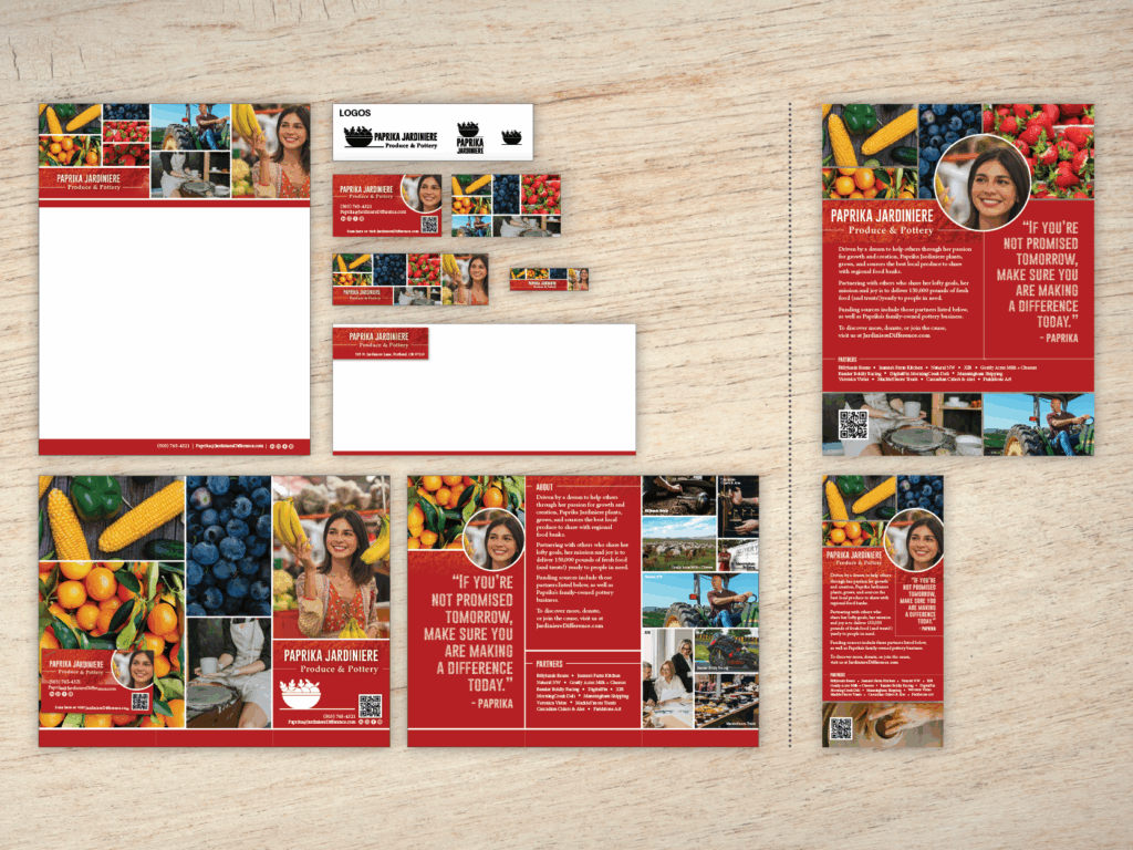 An example of Branding Professional Package on a wood panel background; which includes three logo designs, business card design, letterhead and email header, an envelope, and brochure.